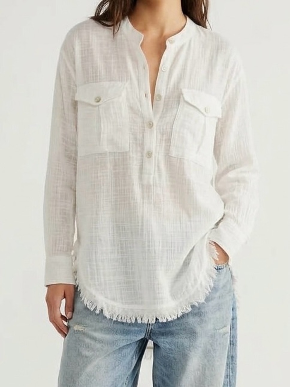 Free People Talk to Me Gauzy Frayed Hem Blouse Medium Ivory Coastal Boho Chic